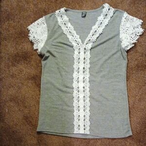 SHEIN Gray Top with White Lace Accents